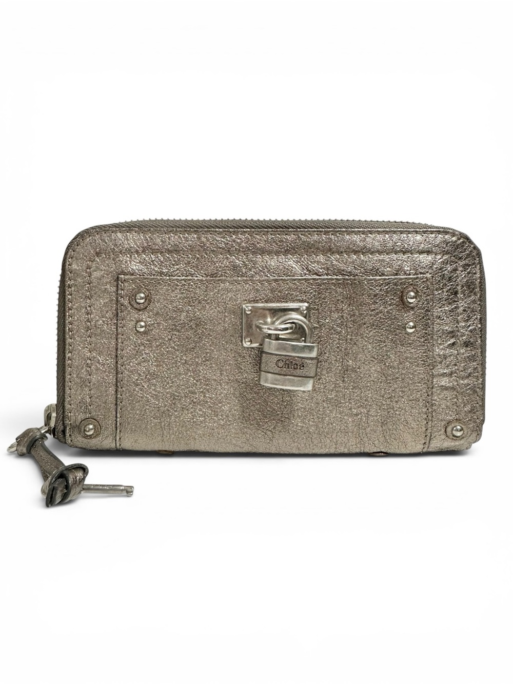 Chloe Paddington Metallic Pewter Silver Leather Zippy Wallet